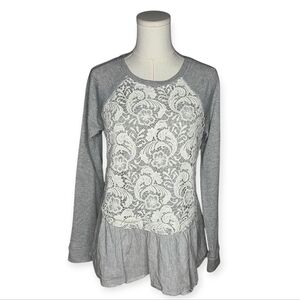 Sunday in Brooklyn Gray Lace Peplum Mixed Media Top Small